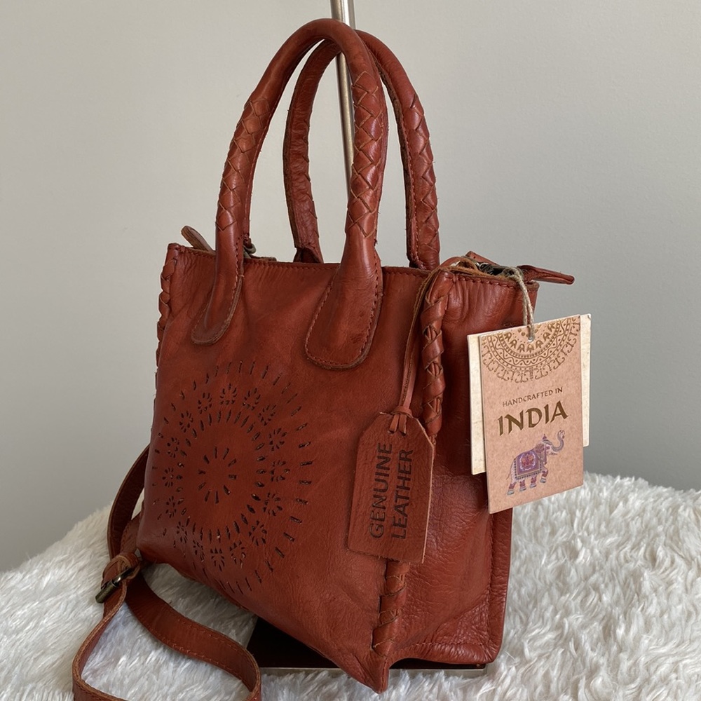Genuine Leather Burnt Orange Tote Bag with Perforated Detail - Picture 3 of 13